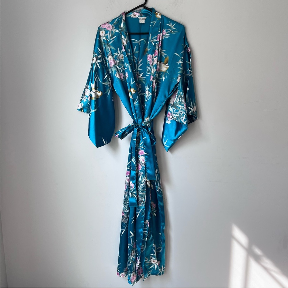 Floral Satin Teal Kimono Robe with Self-Tie Belt